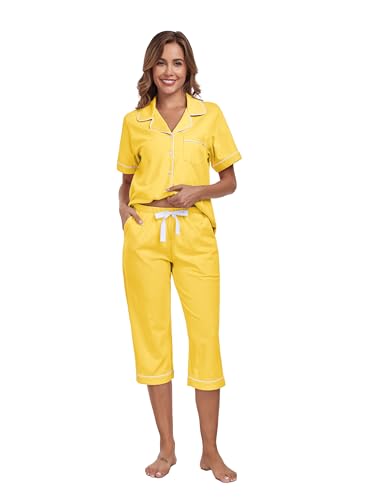 Image of COLORFULLEAF 100% Cotton Capri Pajama for Women Set Summer Short Sleeve Pj Sets for Women Cotton Sleepwear