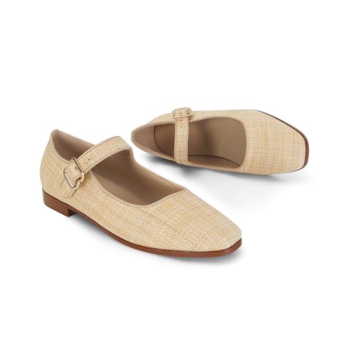 Image of DOEYG Raffia Mary Jane Ballet Flats for Women Square Toe Buckle Strap Ballerina Flats Comfortable Dress Shoes
