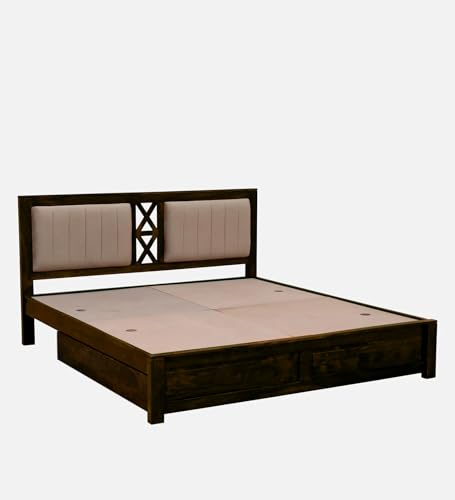 Image of EXCEL International Cross Pettern Design Solid Sheesham Wood Queen Size Bed with Drawer Storage | Double Bed with Box Storage & Upholstered Cushined Headboard for Bedroom | Rosewood, Provincial Teak