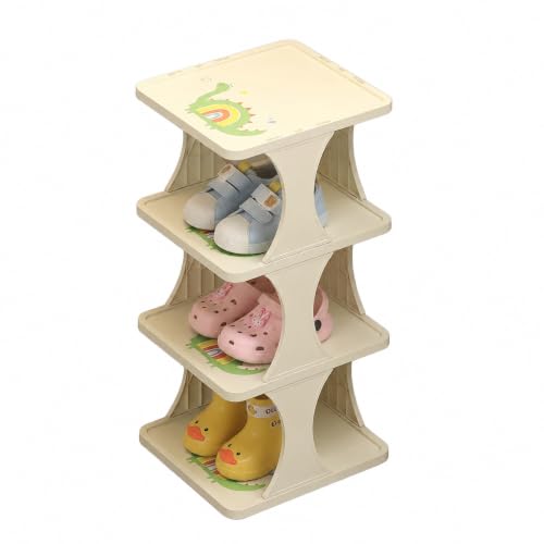 MeYuxg Kinder Schuhregal, Schmal & Hoch mit Dino-Motiv, Platzsparender Schuhorganizer für Kinderzimmer & Flur (Cremefarben, 4 Ebenen)