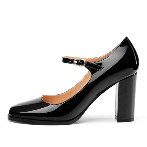 Women's Mary Jane Heels, Chunky Heels Mary Jane Square Toe Pumps One Strap Patent Leather Block High Heels Dress Shoes 3.15 Inch2