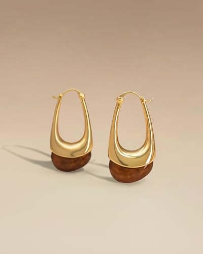 Long Oval Chunky Dangle Gold Hoops with Colored Resin Gemstone Statement Earrings for Women by SNGIA, (Green, Brown, Blue, Pink, White, Cream), Bold Drop Handmade Exaggerated Irregular Trendy Bohemian Jewelry Gifts, Unique Dangling Teardrop Baroque Stone Summer Beach Fashion Earrings Accessories, Round Vintage Thick Circular Nickle Free Huggies Hoop Earrings.4