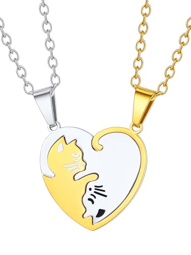 FaithHeart Cat Matching Puzzle Necklace for Couples Bff Heart Pendant with 22inch Black Braided Leather Chain Friendship 2 Cat Matching Necklaces with Gift Box - Main Image