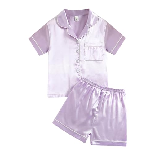 Girls Boys Satin Pa𝗷amas Set 2p𝗝 S𝗶𝗹k N𝐢ghtwear Button Slee𝗽wear Short Summer P𝗝s for Kids Solid Loun𝗴e Clothes