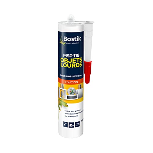 Bostik Mastic Colle de Fixation MSP 118 – Objets Lourds – Intérieur/Extérieur – Tous Supports – Prise Immédiate en 5 Secondes – Formule Hybride Polymère –Sans Solvant – Couleur : Blanc – 290 ml