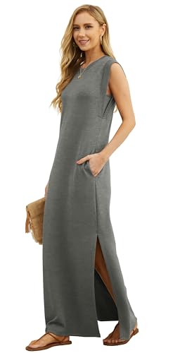 Image of GRECERELLE 2026 Women Year-Round Casual Round Neck Loose Split Wrinkle-Free Long Maxi Vacation Dress with Pockets (XXS-4XL)