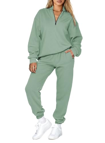 Aleumdr Women's 2025 Fall Fashion Outfits 2 Piece Sweatsuit Solid Color Half Zip Long Sleeve Pullover Long Pants Tracksuit Green Medium