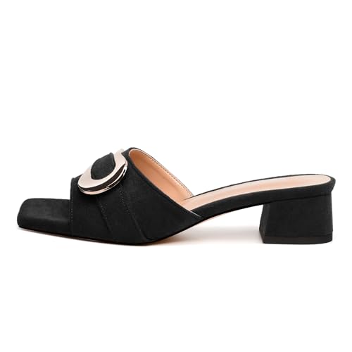 Low Heel Sandals Women - Square Toe Slip-On with Gold Metal Details, Chunky Solid Color Shoes for Office & Casual Gatherings2