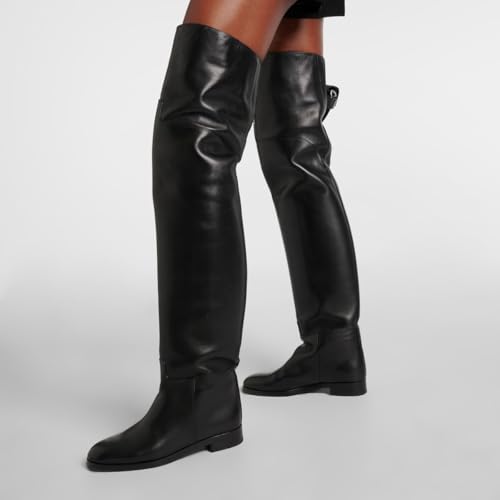 YDN Womens Round Toe Wide Calf Flats Over the Knee Boots Elastic Pull On Low Heel Thigh High Boots Sexy Prom Nightclub Shoes Size 4-16 US4