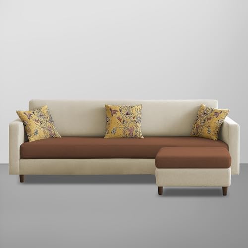 Image of Casaliving Premium Lifestyle Fabric 5 Seater L Shape Sofa Set 4 Seater Modern Sofa Set & Ottoman for Living Room (Cream Brown Color)