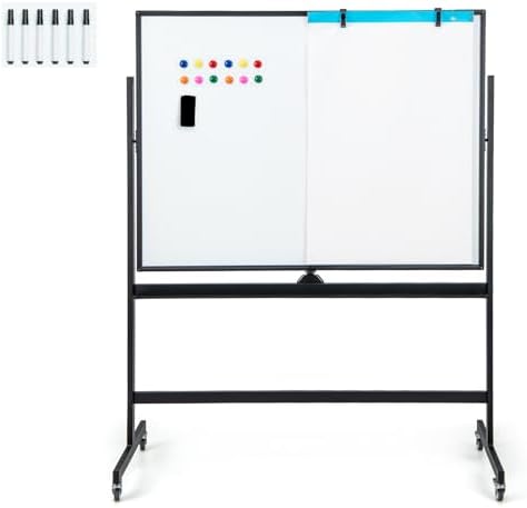 COSTWAY Dubbelzijdig mobiel whiteboard, 120 x 80 cm, in hoogte verstelbaar magnetisch whiteboard met wieltjes, standaard en pennenbakje, incl. accessoires voor school, kantoor, thuis (wit