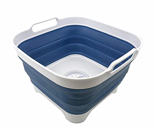Image of SAMMART 10L (2.64 Gallon) Collapsible Dishpan with Draining Plug - Foldable Washing Basin - Portable Dish Washing Tub - Space Saving Kitchen Storage Tray (White/Metalic Blue)