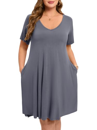 Image of ZENNILO Women's Plus Size Swing Dress with Pockets Casual Summer Dresses V Neck Short Sleeve T Shirt Dress for Women
