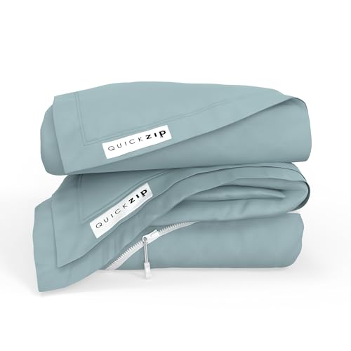 Image of QuickZip Fitted Plus Spare Bundle: 1 Fitted Sheet (Base + Zip Sheet) & 1 Zip Sheet - Easy to Change, Won't Pop Off - Soft Sateen 400 TC 100% Cotton - 13.5 inch Deep Pockets RV Queen Size - Dusty Blue