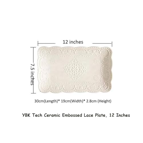 YBK Tech Elegant Rectangle Embossed Lace Plate Bone China Dessert Plate Ceramic Plate for Breakfast Afternoon Tea (White, 12-inch) - Image 2