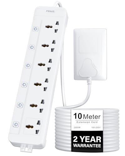 Image of FEDUS Surge Protector, 6 Universal Sockets with Individual Switch, 10 Meter 32 Feet Long Cable, Extension Board Cord, Automatic Overload Protection, Fireproof Power Strip Switch Board, Spike Guard