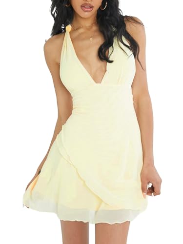 WDIRARA Women's Sleeveless Tie Backless Halter Dress Wrap Lettuce Trim Short Dress