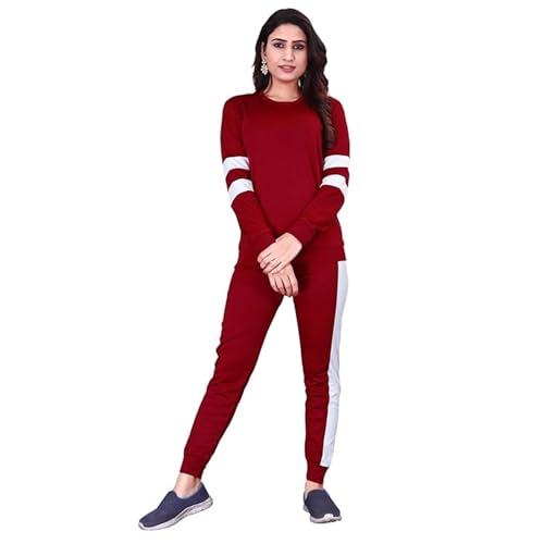 Image of ALISBA Women's Cotton Solid Tracksuit with Round Neck Full Sleeve Straight Length Relaxed Fit and Drawstring Closure Pant