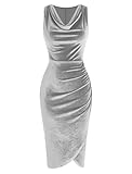 ZAFUL Formal Dress Midi Velvet Cocktail Dresses Sleeveless Cowl Neck Ruched Bodycon Split Sheath Party Dresses(Grey,L)