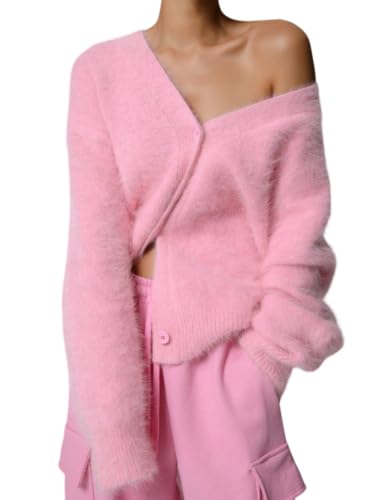 Image of Arssm Womens Fuzzy Cardigan Sweater V Neck Sweaters Fluffy Top