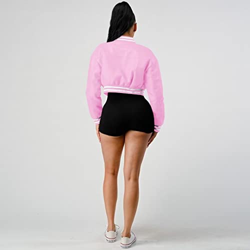 Image of Women Cropped Bomber Jacket Varsity Button Down Baseball Coat Streetwear | Long Sleeve Lightweight Casual Cropped Jacket With Pockets, Spring Autumn Outwear Y2K School Bomber Jackets for Women