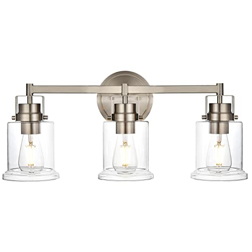 VINLUZ Industrial 3-Lights Vanity Light Fixtures with Clear Glass Shade Brushed Nickel Metal Framhouse Modern Bathroom Lighting Over Mirror, Wall Sconces for Hallway Living Room Bedroom