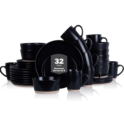 Image of Stone Lain Jules Stoneware 32-Piece Modern Dinnerware Set, Plates and Bowls, Service for 8, Black, Microwave & Dishwasher Safe