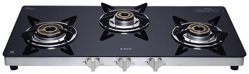Image of Elica 77cm 3 Burner Gas Stove | SAPPHIRE 773 CT VETRO (DT Series) | Double Drip Tray | Toughened Glass Top | High Efficiency Vertical Flame Brass Burners | 7 Yr Glass Warranty | Black