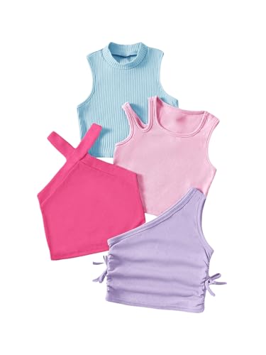 Milumia Girl's 4 Pack Rib Knitted Asymmetrical Neck Sleeveless Fitted Basic Tank Tops