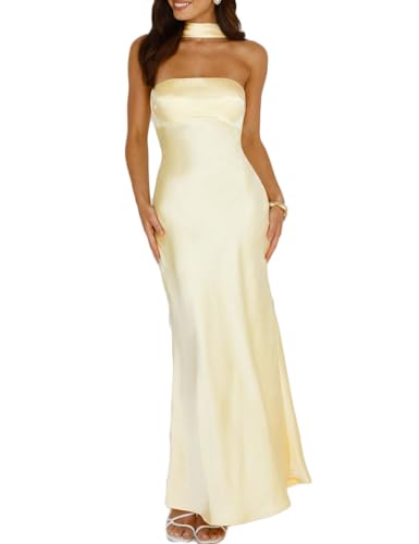 Damen Sommer Satin Trägerlos Tube Top Maxikleid Elegant Seide Rückenfrei Neckholder Formelle Partykleider Hochzeitsgast, gelb, Mittel