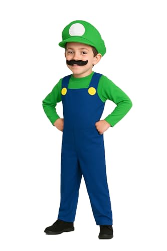 Komonee L Halloween Fancy Dress Up Boys Kids Outfit Hat Green Blue Plumber Overalls Costume Halloween Retro Classic Video Game Gamer Cosplay Large