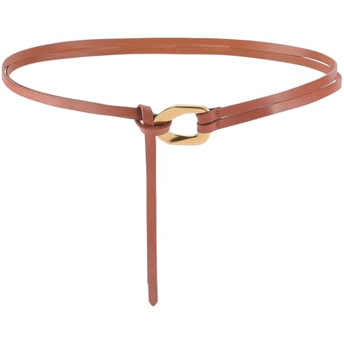 Image of CALFOVERA Genuine Leather Double Strap Tie Belt Adjustable Brown Cowhide Skinny Waistband Retro Vintage Fashion Leather Wrap Cinch Waist Belt with Gold Buckle for Women Jeans Dresses