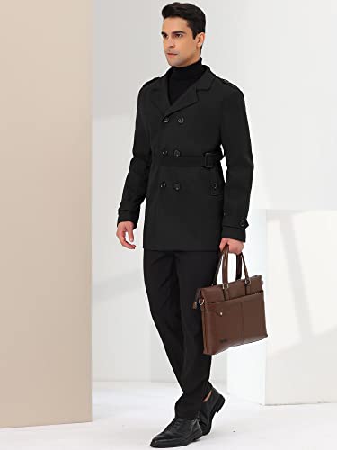Image of Lars Amadeus Men's Black Pea Coat Slim Fit Notch Lapel Double Breasted Trench Coat with Belt Medium