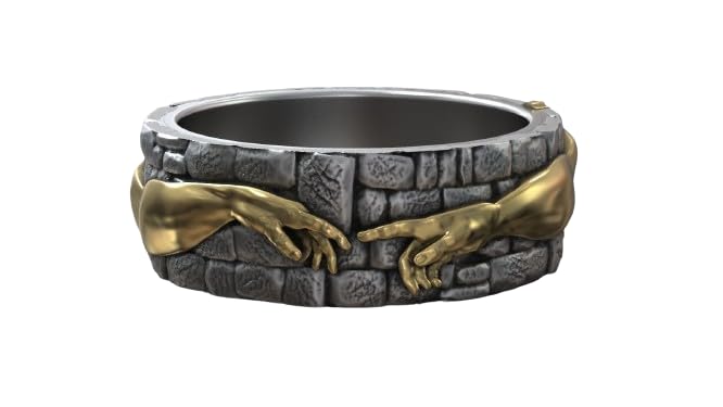 Hands God Creation Adam Artistic Spiritual Michelangelo Band Statement Ring Renaissance Art Creation Mens Band Ring 14K Gold Plated 925 Sterling Silver Handmade Customized Modern jewelry