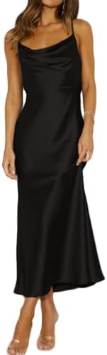 Summer Satin Spaghetti Strap Cowl Neck Backless Midi Dresses for ...