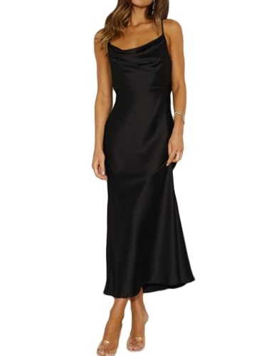 Summer Satin Spaghetti Strap Cowl Neck Backless Midi Dresses for ...
