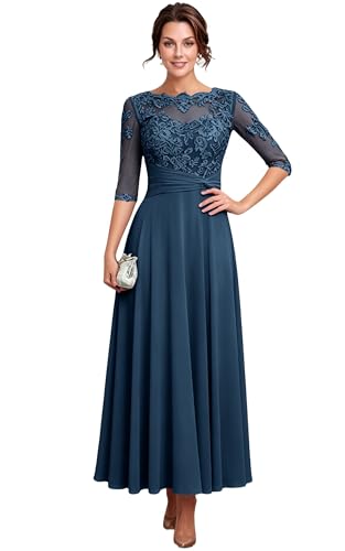 Elegant Mother of The Groom Dresses 2026 Chiffon Tea Length Half Sleeve Wedding Guest Dress Ruched Scoop Neck Lace Applique Ball Gown A Line Mother of The Bride Dresses for Wedding Teal 14