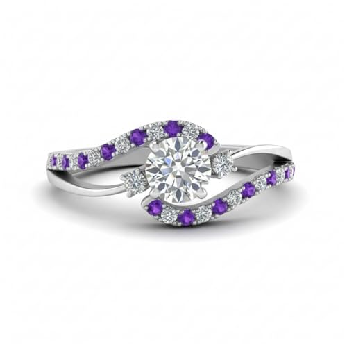 Image of Choose Your Gemstone Swirl 3 Stone Diamond CZ Engagement Ring 925 Sterling Silver Round Shape Side Stone Engagement Rings for Women, Girls and Ladies US Size 4 to 12