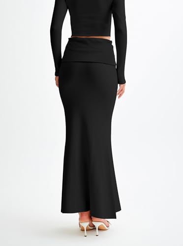 Women's Folded High Waisted Ribbed Knit Maxi Skirt Bodycon Fishtail Long Skirts2