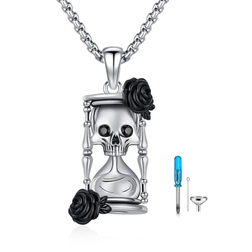 Hourglass Urn Necklace 925 Sterling Silver Skull Pendant Necklace Rose Gothic Cremation Jewelry for Ashes Men Women