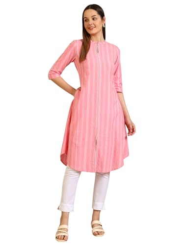 Image of Aurelia Women's Pink Stripe Pure Cotton A-line Kurta