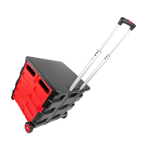 Klappbarer Transportwagen Schwerlast bis 80kg, 35L Faltbarer Handkarren mit Deckel & 2 Rollen, Edelstahl Gestell, Handkarre für Garten, Camping, Umzug (41x39x36cm)