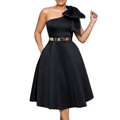 Elegante vestido largo acampanado para mujer con escote de un hombro y adorno de lazo grande., Negro, XXL