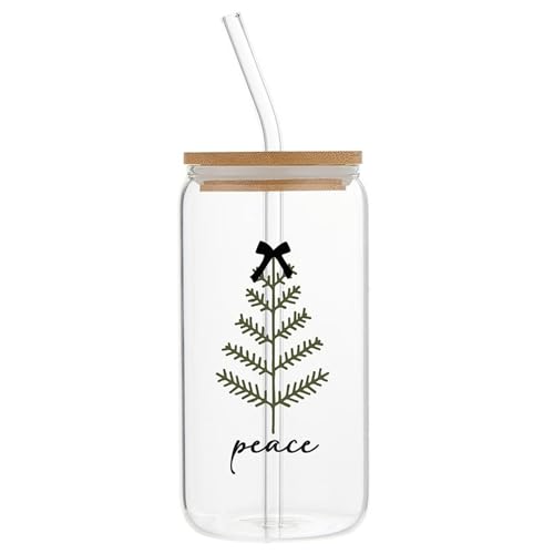 Santa Barbara Design Studio Holiday Cold Brew Glass Travel Tumbler Cup with Bamboo Lid and Glass Straw, 16 Fluid Ounces, Peace Tree