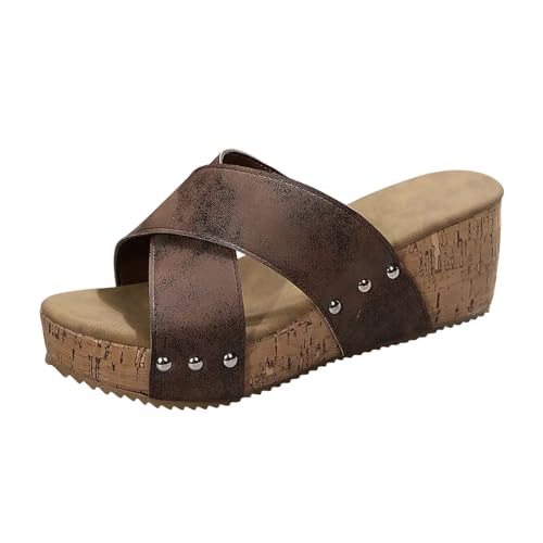 Women's Summer Cork Slide Sandals Slip on with Studded Footbed Open Toe Slippers Criss Cross Wedge Sandals