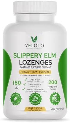 VELOTO Slippery Elm Lozenges, Slippery Elm Throat Soothing Lozenges for Adults, Slippery Elm Inner Bark 10:1 Extract, Herbal Throat Support, Mint Flavored, Non-GMO, Vegan, 200 Count