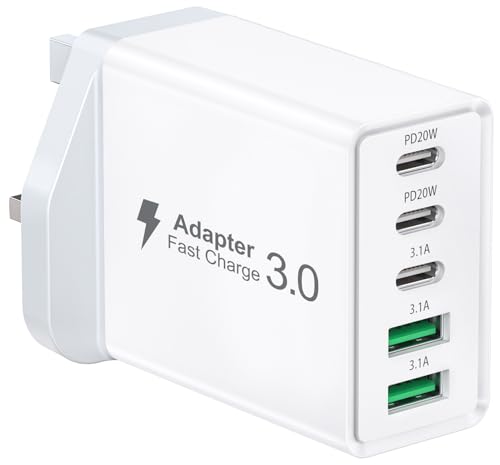 50W USB C Charger Plug Fast Charge, 5-Port Multi USB Charger Plug Adaptor UK, USB Type C Fast Charger Charging Plug Power Adapter for iPhone 16 15 14 13 12 Pro Max SE XS XR, iPad, Samsung Galaxy