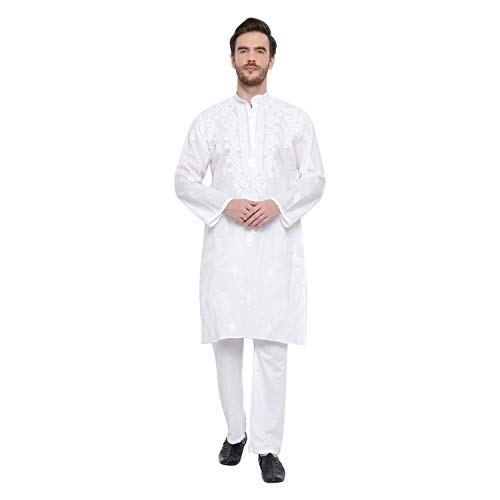 Image of Lucknow Chikan Men's White Pure Cotton Kurta Pajama Set, Full Booty (44)
