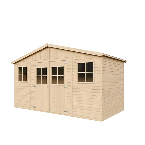 Abri de Jardin en Bois Naturel - Stockage extérieur avec fenêtres- H246x418x220 cm/8 m² Hangar en Bois Naturel - Atelier Rangement Outils et vélos- TIMBELA M332