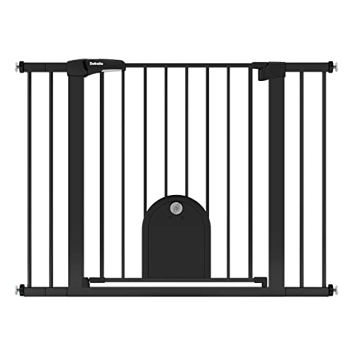 Image of Babelio Auto Close Dog Gate with Cat Door, CatPrivilege I, 29-43 inch | Safety Gate for Doorway & Stairs, Easy Walk Thru with Pet Door, Includes 4 Wall Cups and 3 Extension Pieces, Black
